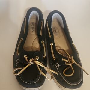 Sperry Black Leather Boat Shoes with Gold Laces
